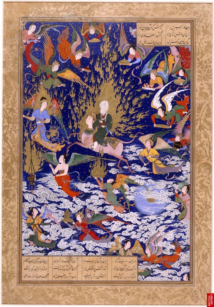 A painting of Prophet Muhammed's ascension, 1540 CE. In some illustrations such as this one, the Prophet's face is either covered by a veil or flame. This method became popular with the rise of Sufism. A painting of Prophet Muhammed's ascension, 1540 CE. In some illustrations such as this one, the Prophet's face is either covered by a veil or flame. This method became popular with the rise of Sufism.